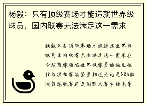 杨毅：只有顶级赛场才能造就世界级球员，国内联赛无法满足这一需求