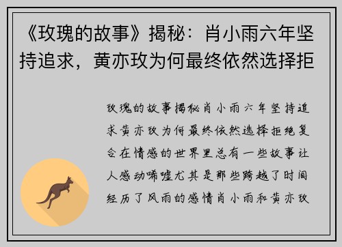 《玫瑰的故事》揭秘：肖小雨六年坚持追求，黄亦玫为何最终依然选择拒绝复合？