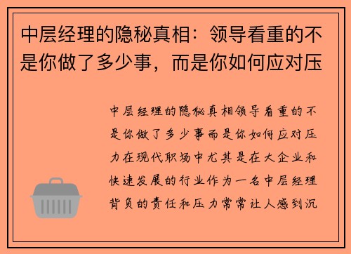 中层经理的隐秘真相：领导看重的不是你做了多少事，而是你如何应对压力