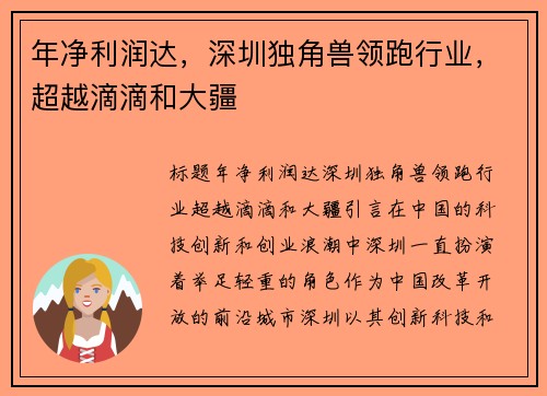 年净利润达，深圳独角兽领跑行业，超越滴滴和大疆