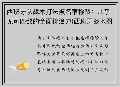 西班牙队战术打法被名宿称赞：几乎无可匹敌的全面统治力(西班牙战术图解)