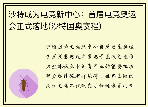 沙特成为电竞新中心：首届电竞奥运会正式落地(沙特国奥赛程)