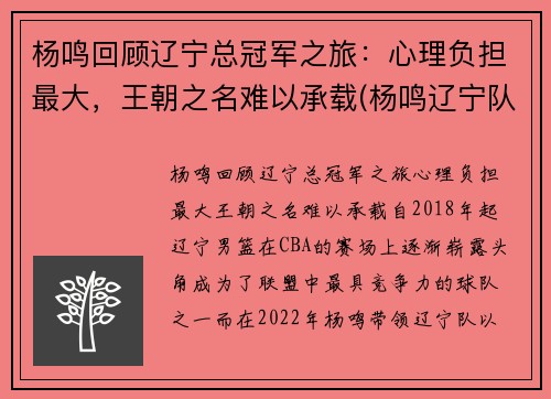 杨鸣回顾辽宁总冠军之旅：心理负担最大，王朝之名难以承载(杨鸣辽宁队比赛结果)