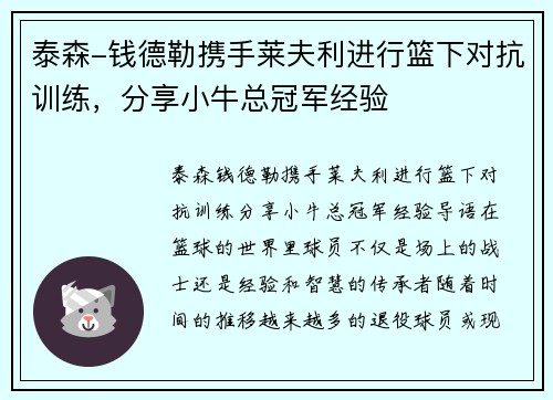 泰森-钱德勒携手莱夫利进行篮下对抗训练，分享小牛总冠军经验