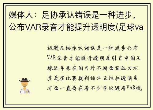 媒体人：足协承认错误是一种进步，公布VAR录音才能提升透明度(足球var回放是什么)