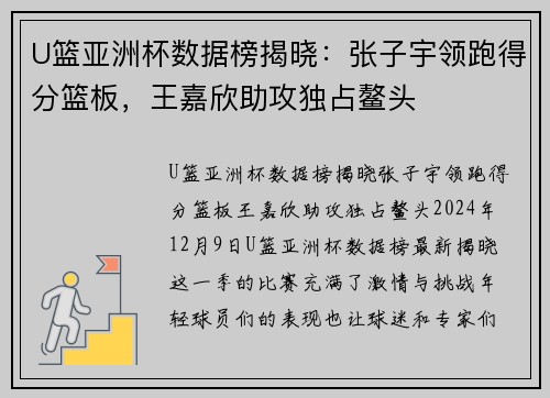 U篮亚洲杯数据榜揭晓：张子宇领跑得分篮板，王嘉欣助攻独占鳌头