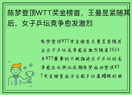 陈梦登顶WTT奖金榜首，王曼昱紧随其后，女子乒坛竞争愈发激烈